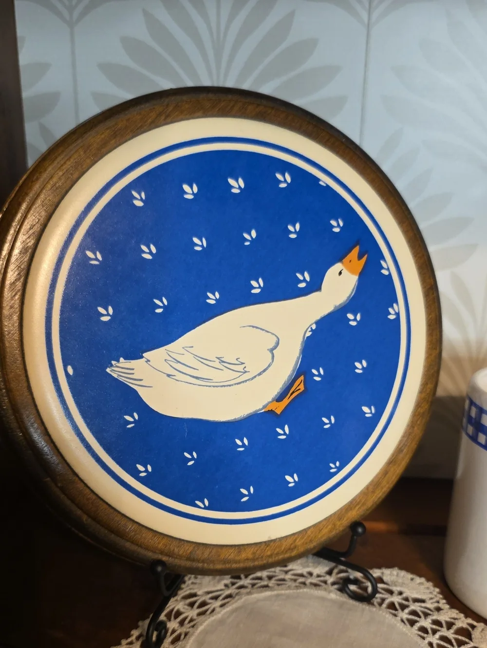 Decorative Ceramic Goose Wall Hanger Or Trivet in Blue and Cream